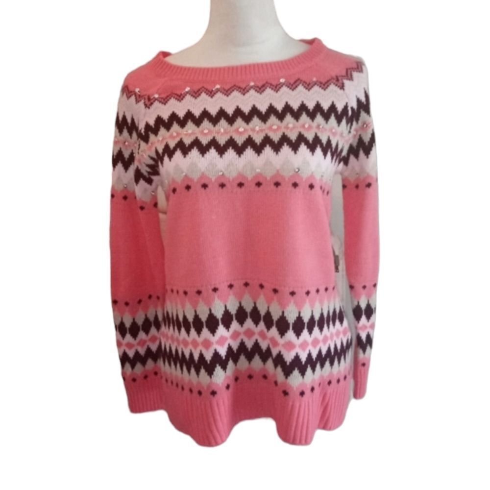 NY & CO Coral and Brown Fair isle Sequins  Pullover Sweater Size S